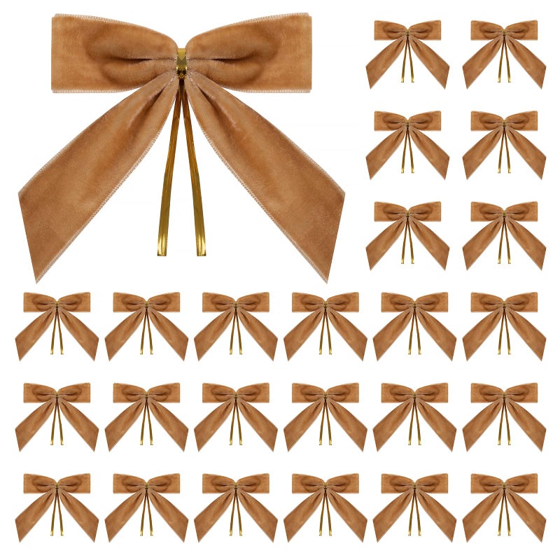 Utehilly 24 Pcs Camel Small Velvet Christmas Bows for Christmas Tree Wreath Gift Wrapping Crafts Wedding Party Twist Tie Bows for Treat Bag Bakery Candy Bags Home Decor 1 W35 x 35 inch